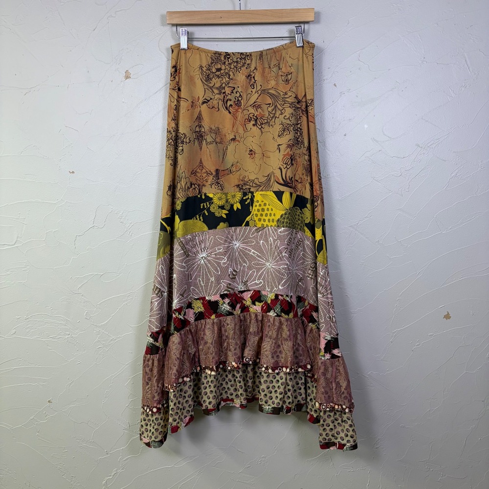 Y2K Nothing Matches Patchwork Maxi Skirt Small Multi Color Ruffle Hem Boho Fairy